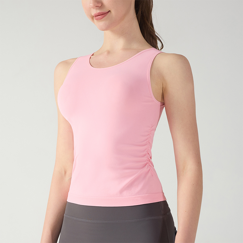 Pink Sleeveless Soft Sports Tops With Pleated Side Trims