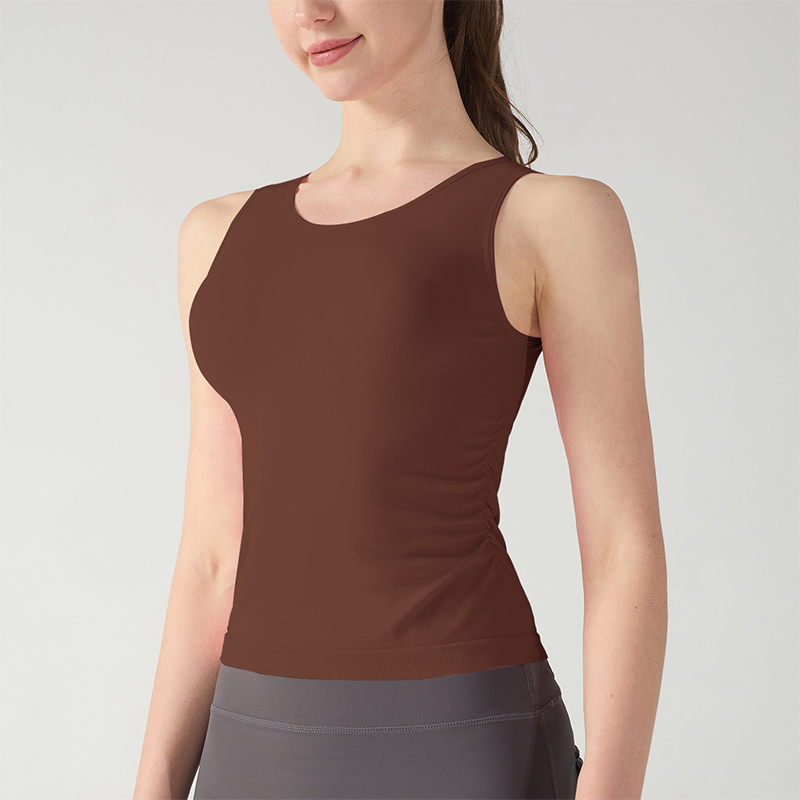 Pink Sleeveless Soft Sports Tops With Pleated Side Trims