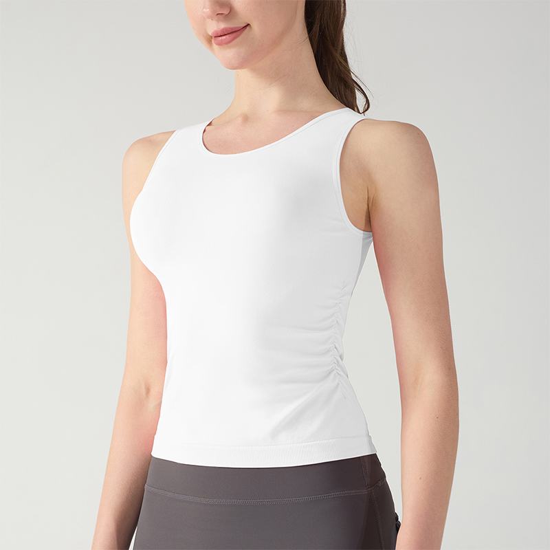 Pink Sleeveless Soft Sports Tops With Pleated Side Trims