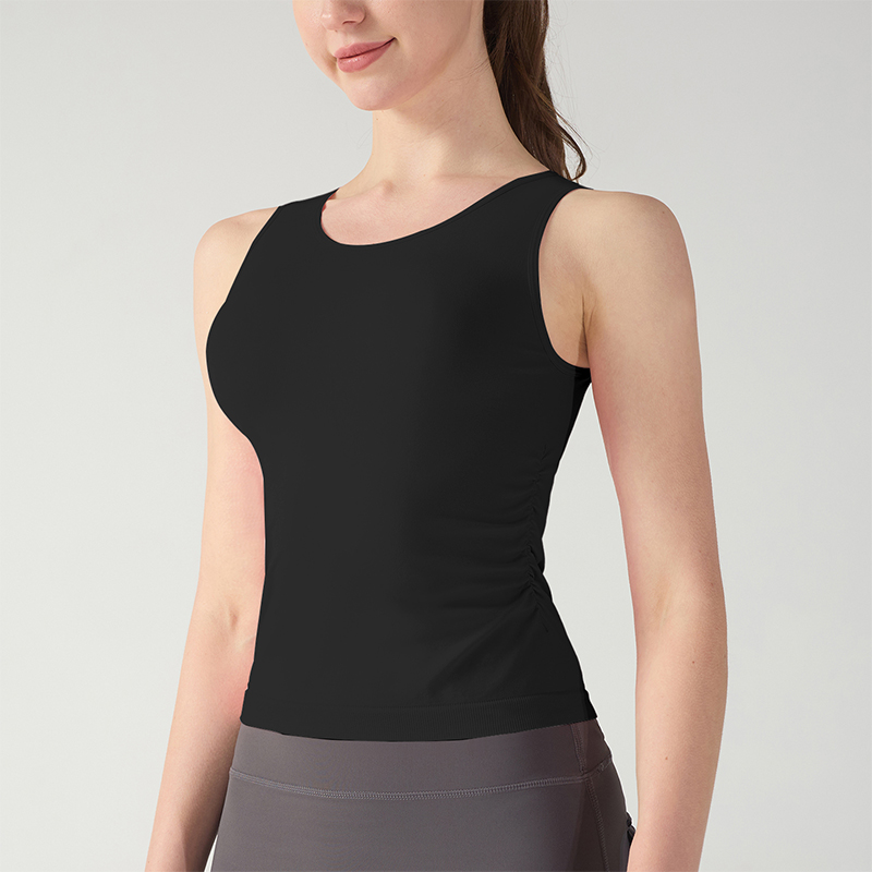 Pink Sleeveless Soft Sports Tops With Pleated Side Trims